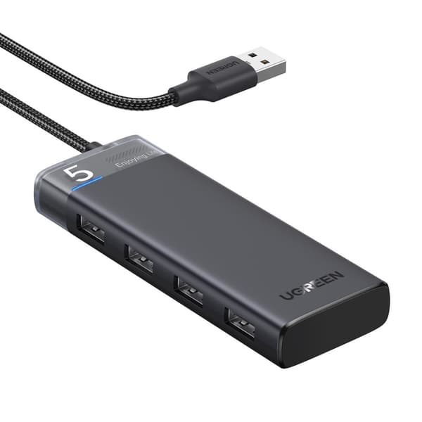 HUB-adapter, 4x USB-A 3.0-portsdelare och svart USB-A-strömkabel