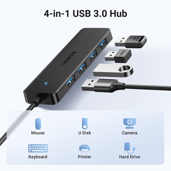 HUB adapter port splitter 4x USB-A 3.0 + USB-A 3.0 kabel sort
