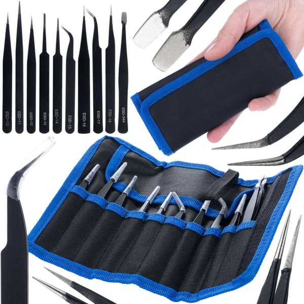 Set med 10 precisionspincetter i ett etui