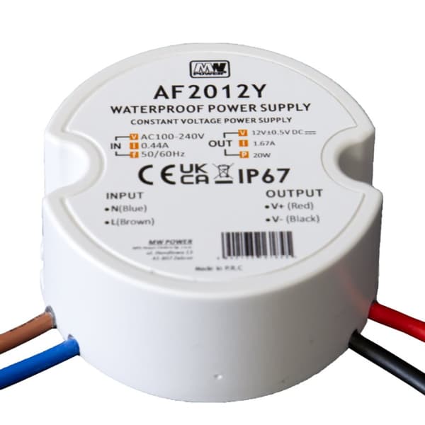 MW Power 20W 12V/1,67A rund LED strømforsyning, IP67