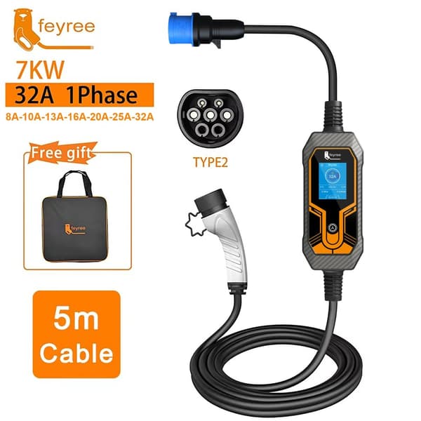 Bärbar laddare för elbil, Wallbox Typ2-kabel, 32A 7KW, typ2 7KW 5m Kabel