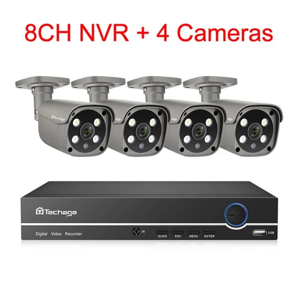 Valvontakamerajärjestelmä, kaksisuuntainen ääni, tekoäly IP-kamera, , 3T, 8CH NVR and 4 Camera