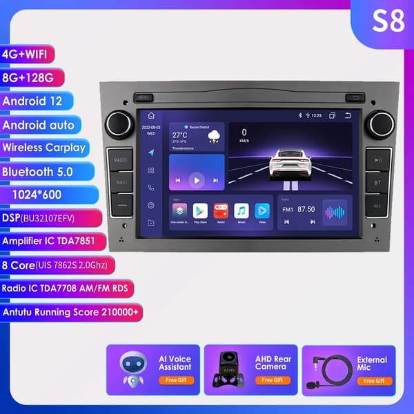 Bil Multimedia GPS, 4G WIFI-forbindelse, Android 12 Operativsystem, S8 8G 128G AI AHD2 G