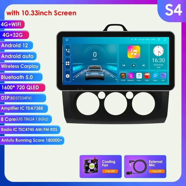 Carplay-auton Android-radio, Apple Carplay -tuki, GPS-navigointi, 1033 tuuman S4 musta