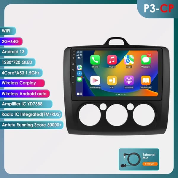 Carplay bil Android Radio, Apple Carplay support, GPS navigation, P3CP 4Core 2G 64G B