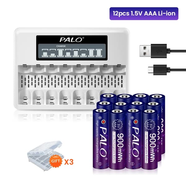 Genopladelige AAA-batterier, Lithium Ion, Batterioplader, 12AAA 1 Oplader