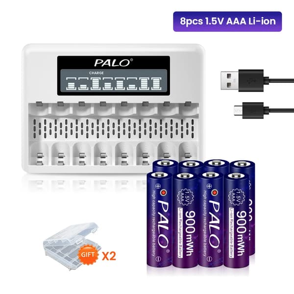 Genopladelige AAA-batterier, Lithium Ion, Batterioplader, 8AAA 1 Oplader