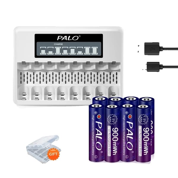 Genopladelige AAA-batterier, Lithium Ion, Batterioplader, 8AAA 1 Oplader