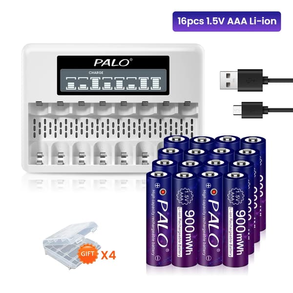 Genopladelige AAA-batterier, Lithium Ion, Batterioplader, 16AAA 1 Oplader