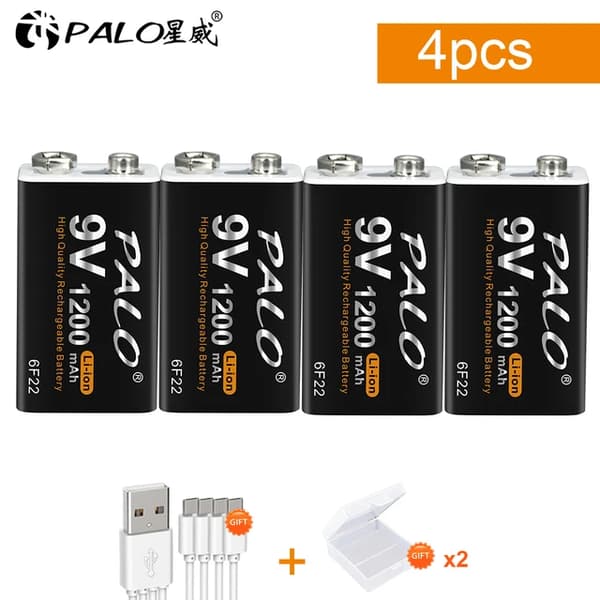 Genopladeligt 9V batteri, 1200mAh kapacitet, USB-opladningsport, 9V, 4 stk