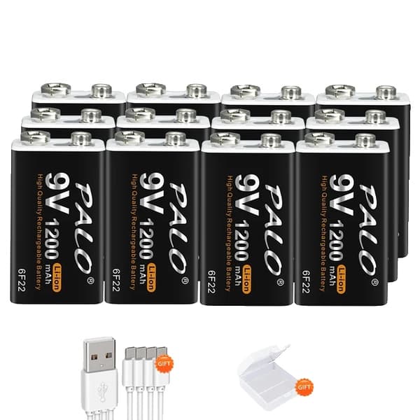 Genopladeligt 9V batteri, 1200mAh kapacitet, USB-opladningsport, 9V, 12 stk