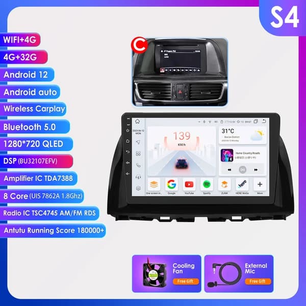 Bil Multimedie, Android 12, GPS Navigation, C-8kerner-4G 32G -S4