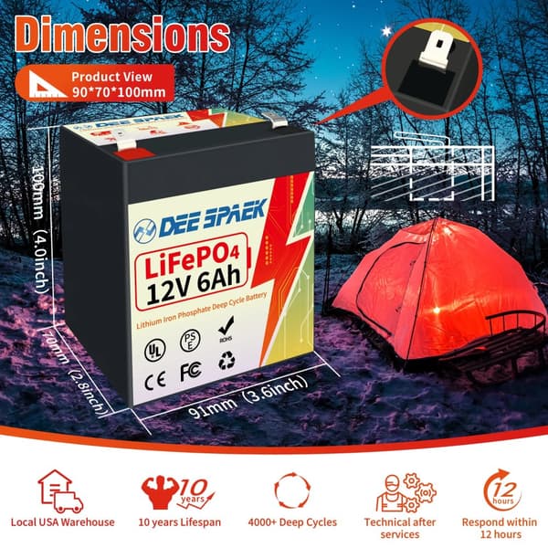 LiFePO4 Batteripakke, Indbygget BMS, Energilagring, 12V 6AH
