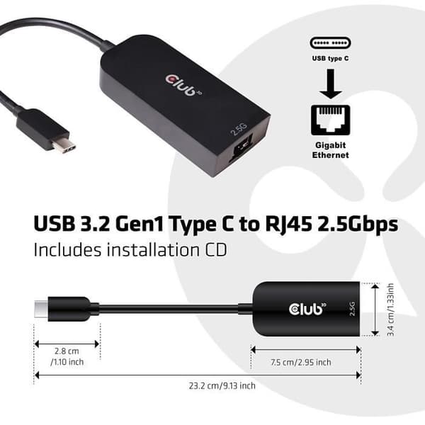 Club 3D USB 3.2 Typ C till 2,5 Gigabit Ethernet St./BU Adapter Svart - CAC-1520