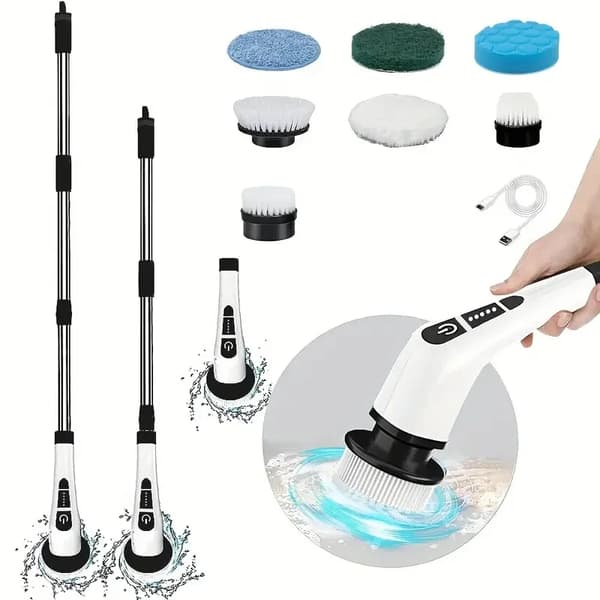 Elektrisk snurrskrubber, 7 utbytbara borsthuvuden, sladdlös design,VIT