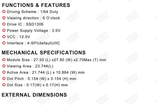 Gul OLED Skärm / Display / Displaymodul 0.96" 4 pins 128X64