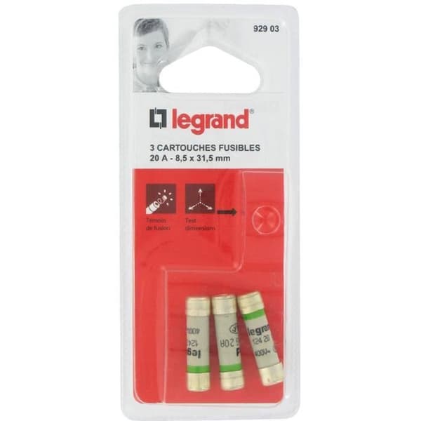 Set med 3 säkringar med indikatorlampa - LEGRAND - 20 A - 8,5x31,5 mm