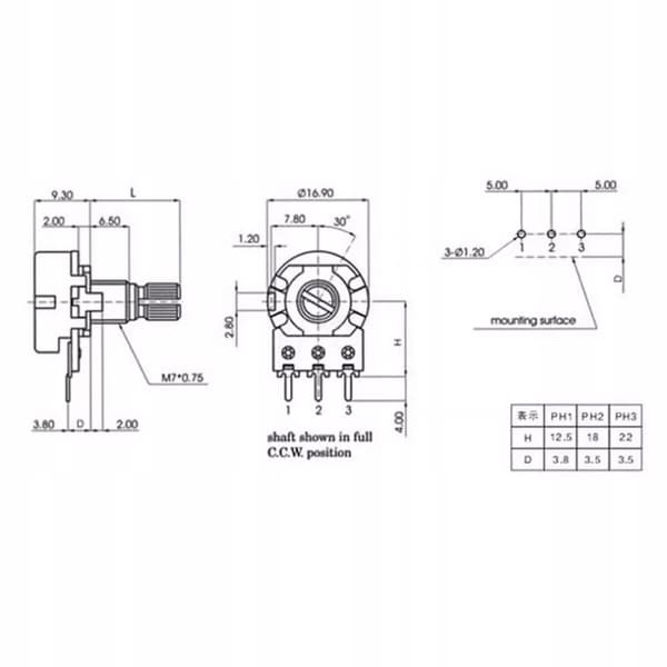 Lineært roterende potentiometer B10K 10K Ohm L=15mm 1 stk.