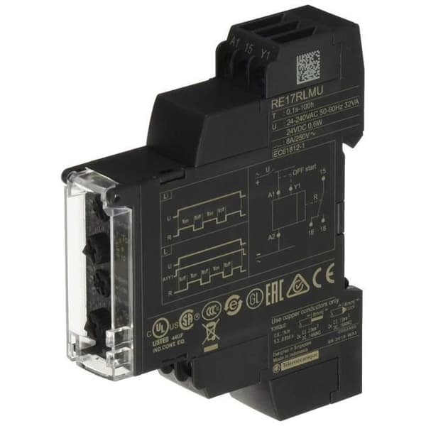 Schneider Electric asymmetriskt blinkrelä, timerområde 1 S 100 h, 17,5 mm bredd, 8 ström, 24 240 V - RE17RLM