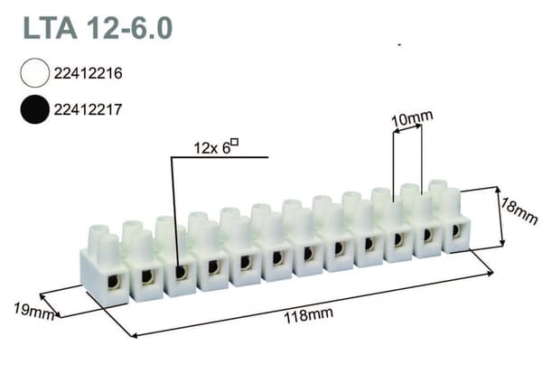 Klemrække, gevindskåret, termoplastisk, LTA 12-6.0, hvid