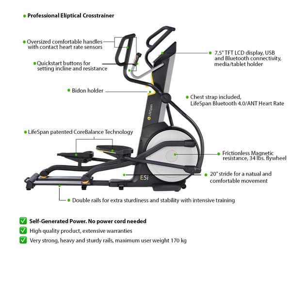 LifeSpan Fitness Professionel elliptisk crosstrainer E5i+ selvgenererende