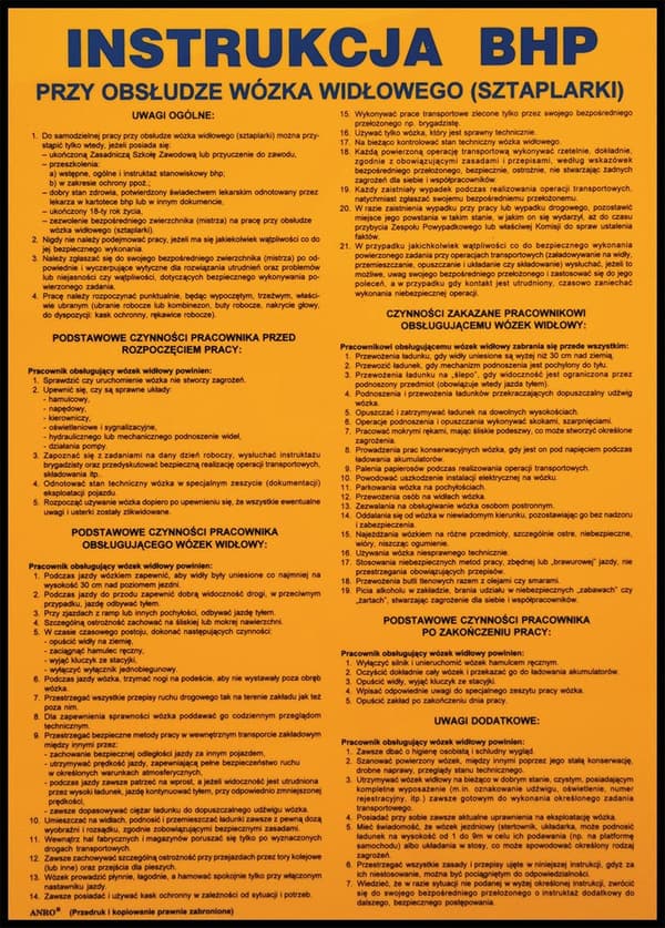 Arbejdsmiljøinstruktioner "Arbejdsmiljøinstruktioner for betjening af gaffeltruck (stabler)"