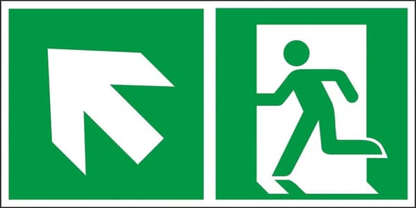Nödutgångsskylt "Utgångsriktning vänster och upp (bakom dörren)" PT - PVC-tavla