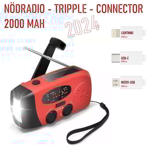 Rød krumtapradio med solceller, lommelygte og 2000mAh Powerbank nødradio, overlevelse