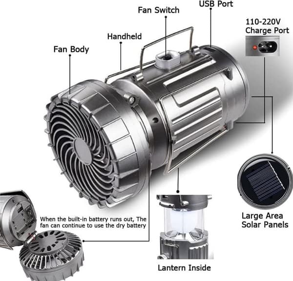 OBOSOE Solar Camping Lights, Telt Fan, Camping Lantern, Nød Håndholdt Hæng genopladelige LED telte Fan Desk Fan til udendørs kontor Rejsebil Hjem