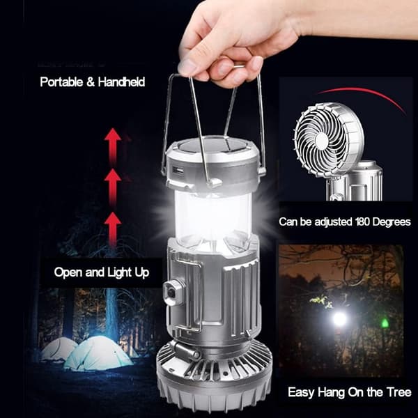 OBOSOE Solar Camping Lights, Telt Fan, Camping Lantern, Nød Håndholdt Hæng genopladelige LED telte Fan Desk Fan til udendørs kontor Rejsebil Hjem