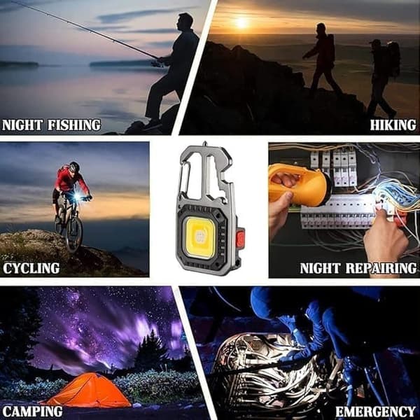 OBOSOE Mångsidig bärbar mini-nyckelringslampa med COB-ljus – uppladdningsbar camping- och nödlampa med öppnare och fönsterkross