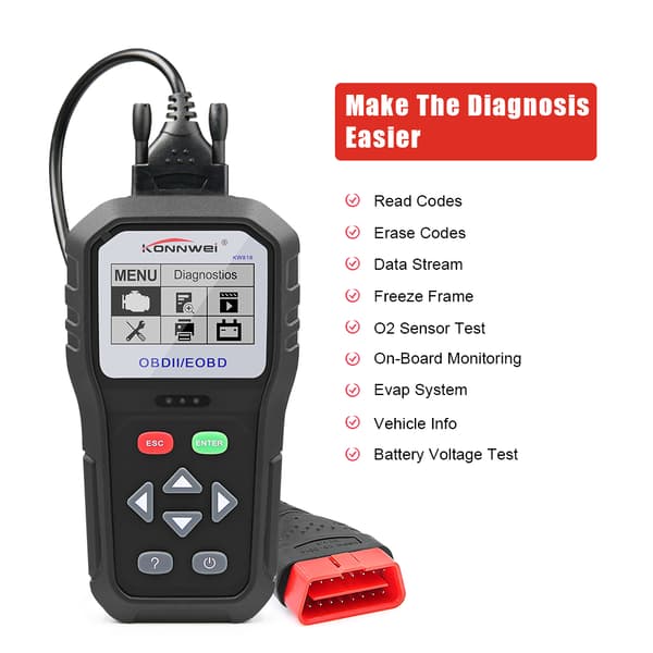 Konnwei KW818 OBD2 feilkodeleser for alle biler, 12V