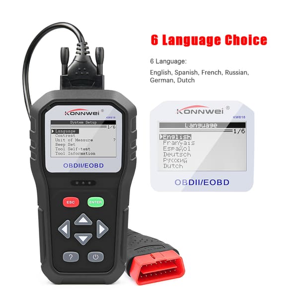 Konnwei KW818 OBD2 feilkodeleser for alle biler, 12V