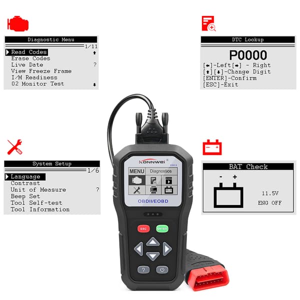 Konnwei KW818 OBD2 feilkodeleser for alle biler, 12V