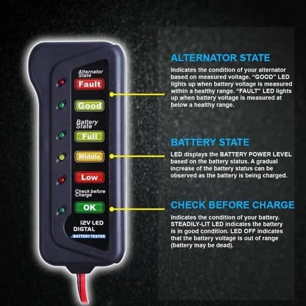 12V bilbatteri och generatortestare - testar batteriskick och laddningsgenerator (med indikation LE l13519