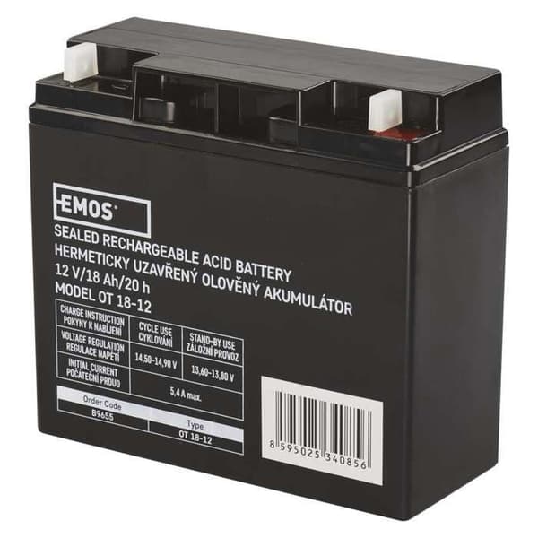 Blybatteri 12 V, 18 Ah, Batteri 12V / 18Ah; mått 181 × 77 × 167 mm, vikt 4,88 kg