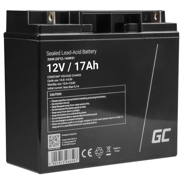 GreenCell® uppladdningsbart AGM-batteri 12V 17Ah blygelackumulator Underhållsfria cykler VRLA-batteri vattentätt