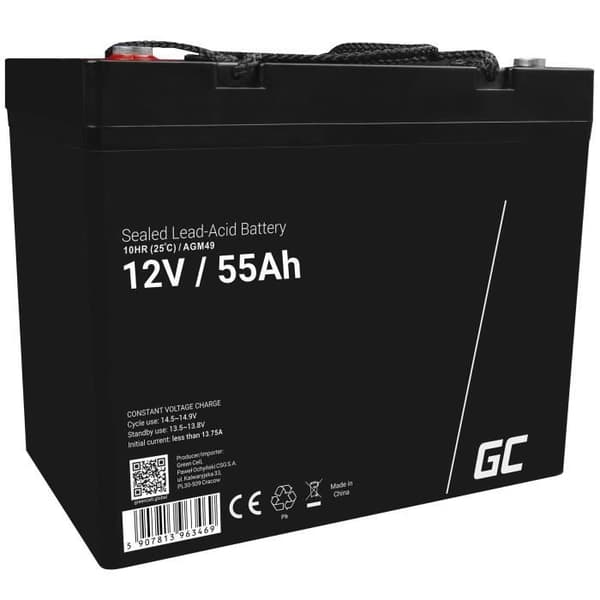 GreenCell® uppladdningsbart AGM-batteri 12V 55Ah blygelackumulator Underhållsfria cykler VRLA-batteri vattentätt