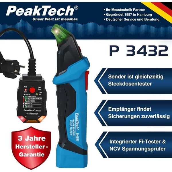 PeakTech 3432 Säkrings-/elkretsdetektor med 230 V Schuko kontaktprovare