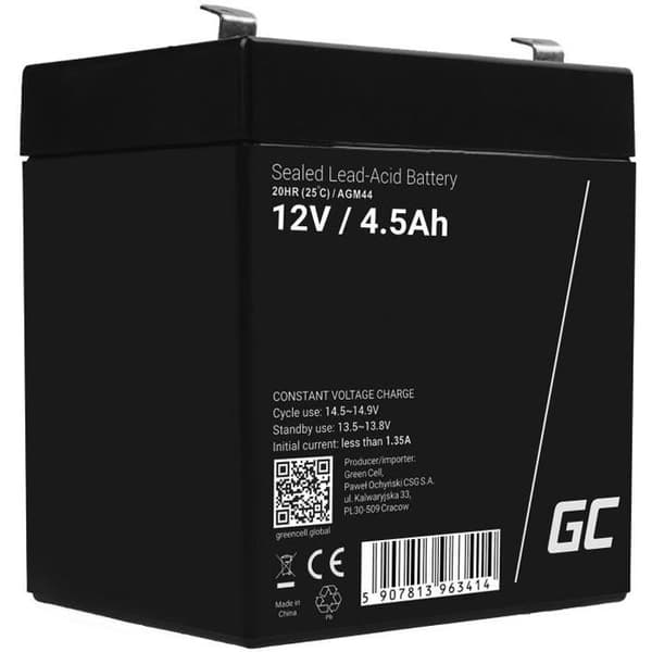 GreenCell® uppladdningsbart AGM-batteri 12V 4,5Ah blygelackumulator Underhållsfria cykler VRLA-batteri vattentätt