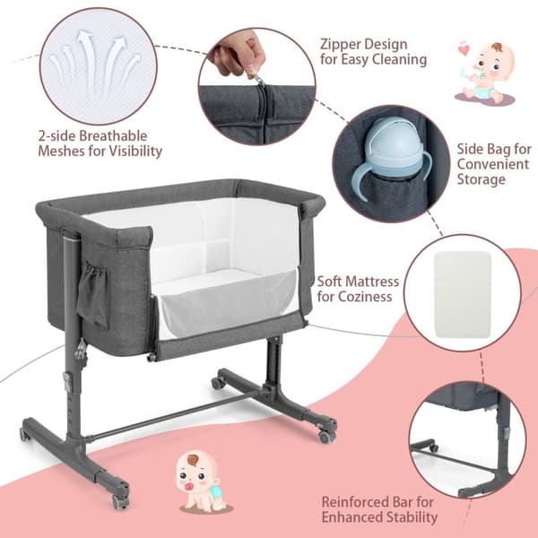 Baby Sidevugge, 34x25x32 tommer, Beige/Grå/Rosa