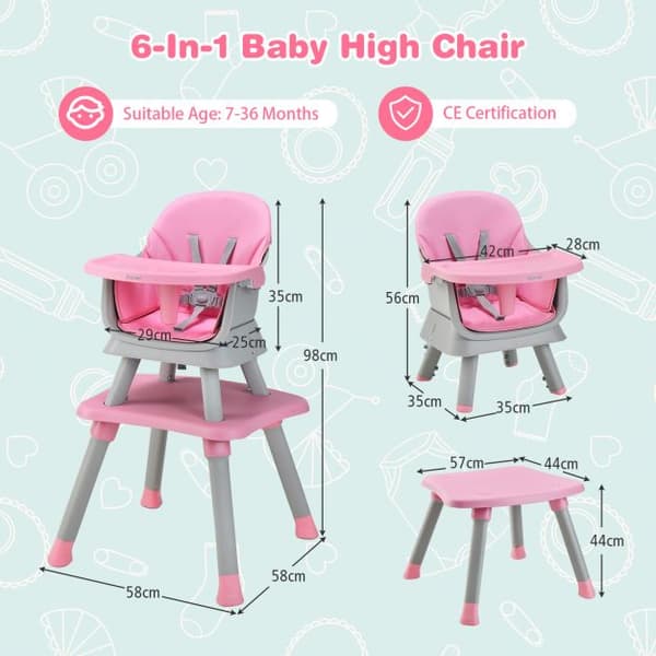 Baby højstol, 58x58x98 cm, Pink/Grå