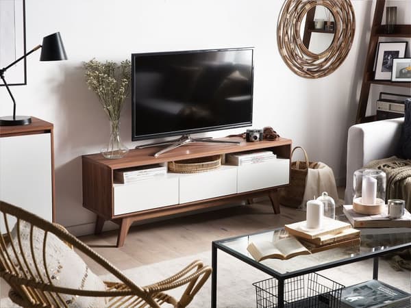 TV bänk Mörk Trä Vit Förvaring Hylla Lådor Kabelorganisering Modern