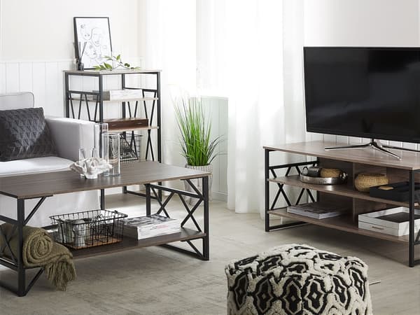 TV RTV Ställning Mörk Trä med Svart Metall 4 Hyllor Förvaring Vardagsrum Modern Industriell