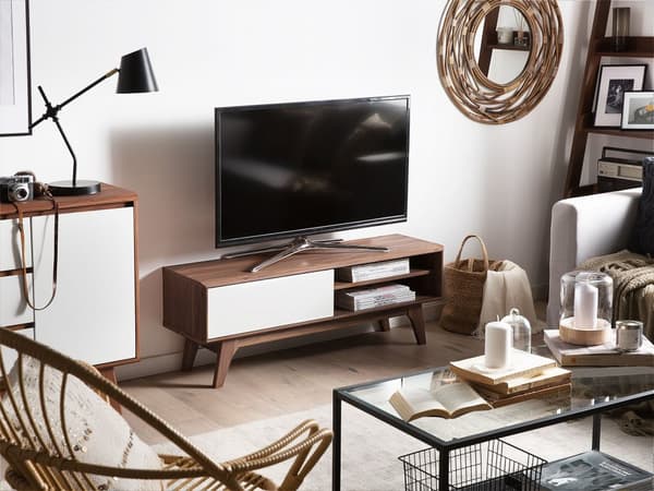 TV-taso tumma puu 117 x 44 x 35 cm MDF-levy matta viilutettu hyllyt valkoinen liukuovi