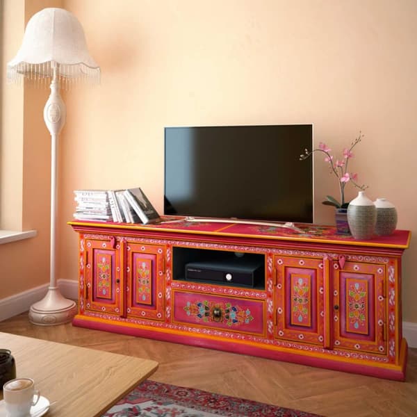 vidaXL TV-bänk massivt mangoträ rosa handmålad