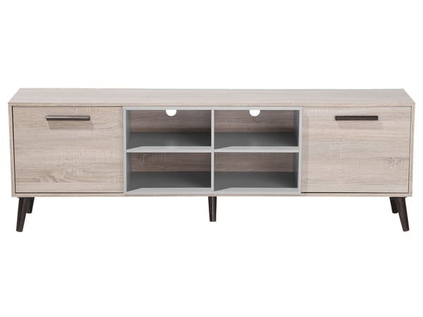 TV-taso vaalea puu/harmaa 180 x 60 x 40 cm lastulevy puu 4 hyllyä 2 kaappia kaapeliaukot