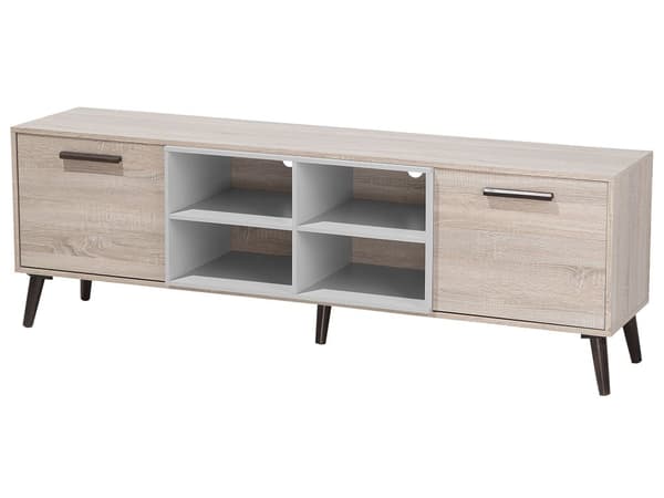 TV-taso vaalea puu/harmaa 180 x 60 x 40 cm lastulevy puu 4 hyllyä 2 kaappia kaapeliaukot