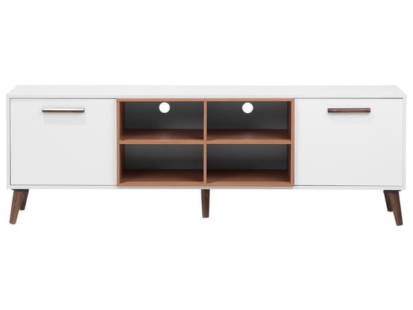 TV Bord Hvid Spånplade og Brun Gummitræ 180 x 40 x 60 cm Smal Lille Fjernsynsbord Opbevaring Koniske Ben Tvbænk Retro Skandinavisk Dekor