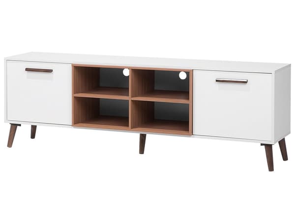 TV Bord Hvid Spånplade og Brun Gummitræ 180 x 40 x 60 cm Smal Lille Fjernsynsbord Opbevaring Koniske Ben Tvbænk Retro Skandinavisk Dekor